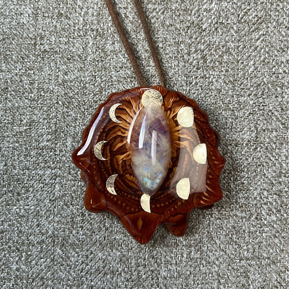 Third eye pinecone large necklace with moonstone and moon cycles 🌙